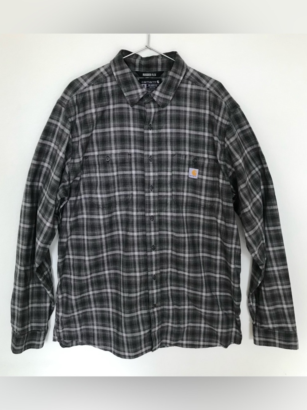 Carhartt Men's Grey Black Rugged Flex Plaid Button-Down Shirt